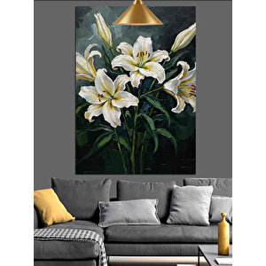 Beyaz Çiçekler Yapraklar Demeti Dekoratif Kanvas - Mdf Ahşap Tablo 70x100 cm