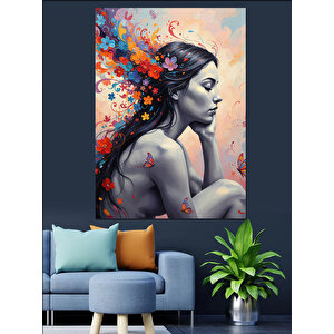 Soyut Renkli Çiçek Saçlı Kadın Dekoratif Kanvas - Mdf Ahşap Tablo 100x140 cm