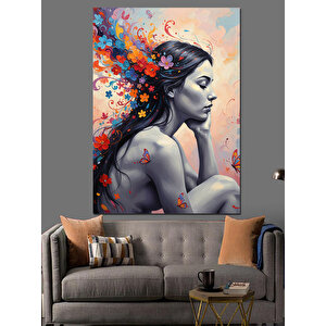 Soyut Renkli Çiçek Saçlı Kadın Dekoratif Kanvas - Mdf Ahşap Tablo 100x140 cm