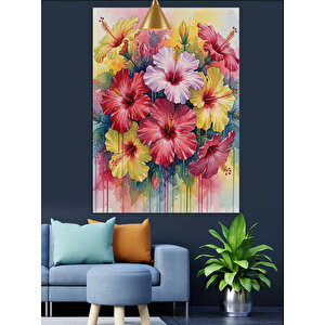 Renkli Çiçek Buketi Suluboya Sanatı Dekoratif Kanvas - Mdf Ahşap Tablo 50x70 cm