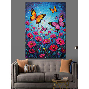 Kelebekler Çiçekler Üstünde Dekoratif Kanvas - Mdf Ahşap Tablo 70x100 cm