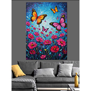 Kelebekler Çiçekler Üstünde Dekoratif Kanvas - Mdf Ahşap Tablo 70x100 cm