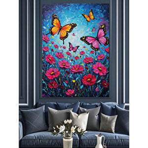 Kelebekler Çiçekler Üstünde Dekoratif Kanvas - Mdf Ahşap Tablo 70x100 cm