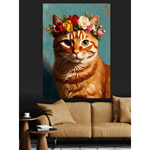 Çiçek Tacı Takmış Sevimli Kedi Dekoratif Kanvas - Mdf Ahşap Tablo 70x100 cm