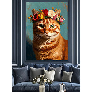 Çiçek Tacı Takmış Sevimli Kedi Dekoratif Kanvas - Mdf Ahşap Tablo 70x100 cm