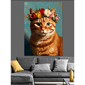 Çiçek Tacı Takmış Sevimli Kedi Dekoratif Kanvas - Mdf Ahşap Tablo 70x100 cm