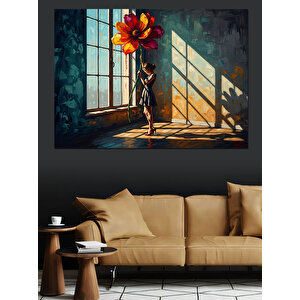 Pencere Önünde Büyük Çiçek Tutan Kadın Dekoratif Kanvas - Mdf Ahşap Tablo 35x50 cm