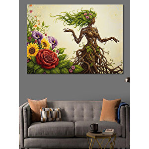Ağaçtan Yapılmış Kadın Figürü Ve Çiçekler Dekoratif Kanvas - Mdf Ahşap Tablo 100x140 cm