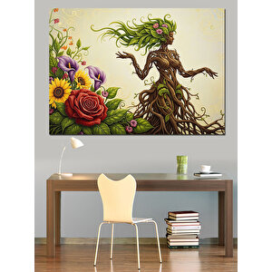 Ağaçtan Yapılmış Kadın Figürü Ve Çiçekler Dekoratif Kanvas - Mdf Ahşap Tablo 100x140 cm