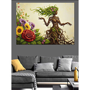 Ağaçtan Yapılmış Kadın Figürü Ve Çiçekler Dekoratif Kanvas - Mdf Ahşap Tablo 100x140 cm