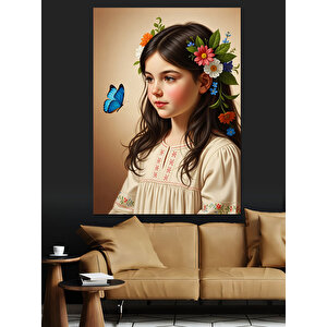 Çiçekli Kız Kelebek Detayı Dekoratif Kanvas - Mdf Ahşap Tablo 35x50 cm