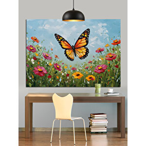 Kelebekli, Çiçekli Kır Manzarası Dekoratif Kanvas - Mdf Ahşap Tablo 35x50 cm