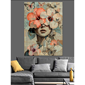 Yüzü Çiçeklerle Kaplı Kadın Silüeti Dekoratif Kanvas - Mdf Ahşap Tablo 100x140 cm