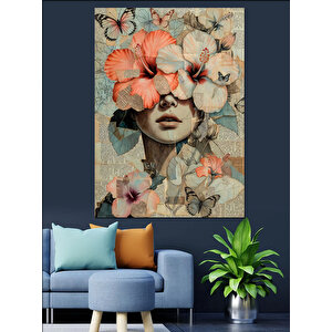 Yüzü Çiçeklerle Kaplı Kadın Silüeti Dekoratif Kanvas - Mdf Ahşap Tablo 100x140 cm