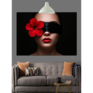 Kırmızı Çiçekli, Gözleri Bağlı Kadın Dekoratif Kanvas - Mdf Ahşap Tablo 100x140 cm