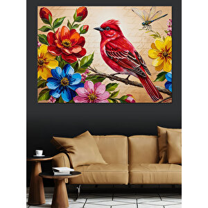Kırmızı Kardinal Kuşu Çiçekler Dekoratif Kanvas - Mdf Ahşap Tablo 50x70 cm