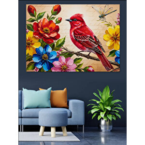 Kırmızı Kardinal Kuşu Çiçekler Dekoratif Kanvas - Mdf Ahşap Tablo 50x70 cm