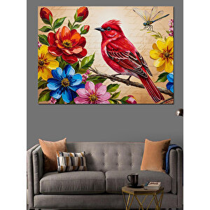 Kırmızı Kardinal Kuşu Çiçekler Dekoratif Kanvas - Mdf Ahşap Tablo 50x70 cm
