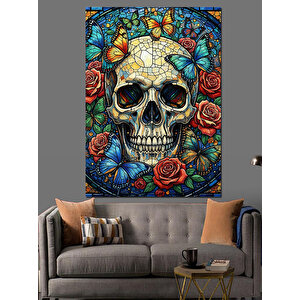 Çiçekli Kurukafa Sanat Eseri Dekoratif Kanvas - Mdf Ahşap Tablo 35x50 cm
