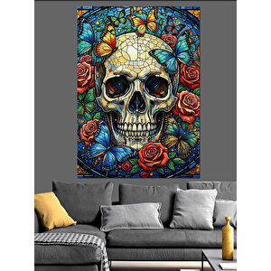 Çiçekli Kurukafa Sanat Eseri Dekoratif Kanvas - Mdf Ahşap Tablo 35x50 cm