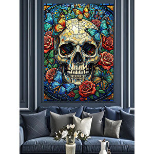 Çiçekli Kurukafa Sanat Eseri Dekoratif Kanvas - Mdf Ahşap Tablo 35x50 cm