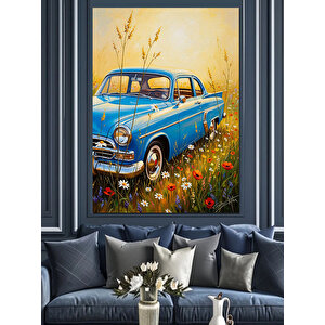 Mavi Klasik Araba Çiçekli Dekoratif Kanvas - Mdf Ahşap Tablo 100x140 cm