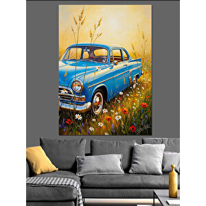 Mavi Klasik Araba Çiçekli Dekoratif Kanvas - Mdf Ahşap Tablo 100x140 cm