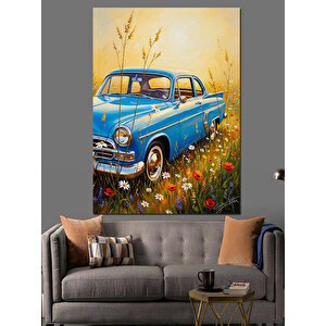 Mavi Klasik Araba Çiçekli Dekoratif Kanvas - Mdf Ahşap Tablo 100x140 cm