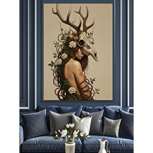 Çiçekli Boynuzlu Mistik Kadın Dekoratif Kanvas - Mdf Ahşap Tablo 100x140 cm