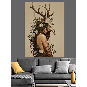 Çiçekli Boynuzlu Mistik Kadın Dekoratif Kanvas - Mdf Ahşap Tablo 100x140 cm