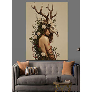 Çiçekli Boynuzlu Mistik Kadın Dekoratif Kanvas - Mdf Ahşap Tablo 100x140 cm