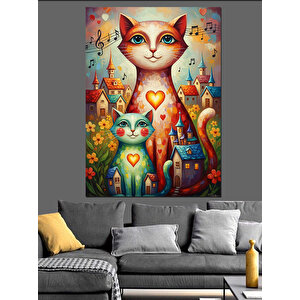 Sevimli Kedi Ailesi Çiçekli Portre Dekoratif Kanvas - Mdf Ahşap Tablo 35x50 cm