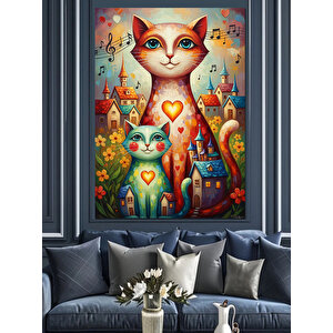 Sevimli Kedi Ailesi Çiçekli Portre Dekoratif Kanvas - Mdf Ahşap Tablo 35x50 cm