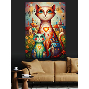 Sevimli Kedi Ailesi Çiçekli Portre Dekoratif Kanvas - Mdf Ahşap Tablo 35x50 cm