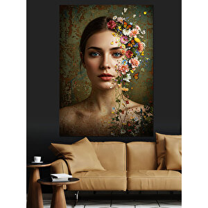 Çiçekli Kadın Yüzü Portresi Dekoratif Kanvas - Mdf Ahşap Tablo 70x100 cm