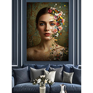 Çiçekli Kadın Yüzü Portresi Dekoratif Kanvas - Mdf Ahşap Tablo 70x100 cm