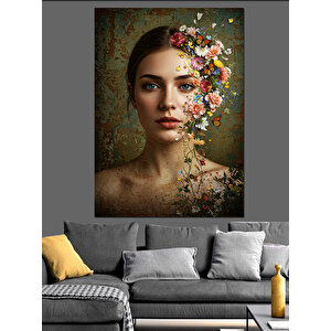 Çiçekli Kadın Yüzü Portresi Dekoratif Kanvas - Mdf Ahşap Tablo 70x100 cm