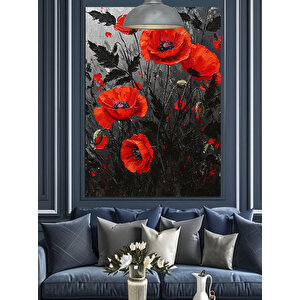 Kırmızı Gelincik Çiçek Tarlası Koyu Fon Dekoratif Kanvas - Mdf Ahşap Tablo 25x35 cm