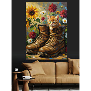 Çizme Ayakkabı Çiçekler Ve Yavru Kedi Dekoratif Kanvas - Mdf Ahşap Tablo 50x70 cm