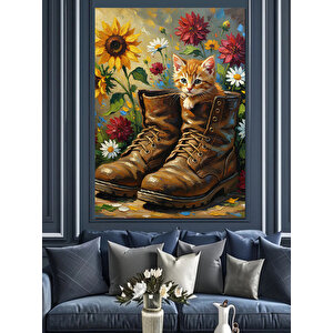 Çizme Ayakkabı Çiçekler Ve Yavru Kedi Dekoratif Kanvas - Mdf Ahşap Tablo 50x70 cm
