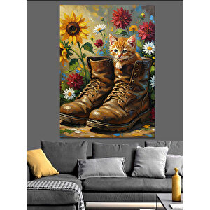 Çizme Ayakkabı Çiçekler Ve Yavru Kedi Dekoratif Kanvas - Mdf Ahşap Tablo 50x70 cm