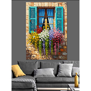 Mor Çiçekli Pencere Manzarası Dekoratif Kanvas - Mdf Ahşap Tablo 35x50 cm
