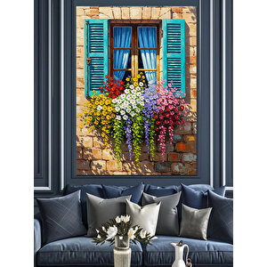 Mor Çiçekli Pencere Manzarası Dekoratif Kanvas - Mdf Ahşap Tablo 35x50 cm