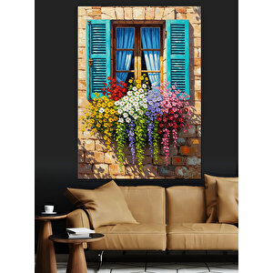 Mor Çiçekli Pencere Manzarası Dekoratif Kanvas - Mdf Ahşap Tablo 35x50 cm