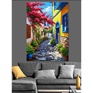 Çiçekli Sokak Evi Manzarası Dekoratif Kanvas - Mdf Ahşap Tablo 25x35 cm