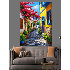 Çiçekli Sokak Evi Manzarası Dekoratif Kanvas - Mdf Ahşap Tablo 25x35 cm