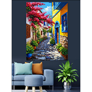 Çiçekli Sokak Evi Manzarası Dekoratif Kanvas - Mdf Ahşap Tablo 25x35 cm