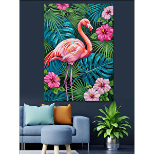Tropikal Flamingo Ve Çiçekler Dekoratif Kanvas - Mdf Ahşap Tablo 100x140 cm