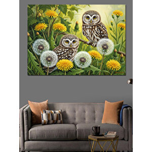 Küçük Baykuşlar Ve Çiçekler İllüstrasyon Dekoratif Kanvas - Mdf Ahşap Tablo 50x70 cm