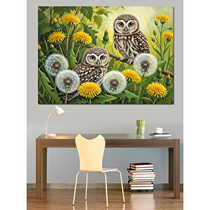 Küçük Baykuşlar Ve Çiçekler İllüstrasyon Dekoratif Kanvas - Mdf Ahşap Tablo 50x70 cm